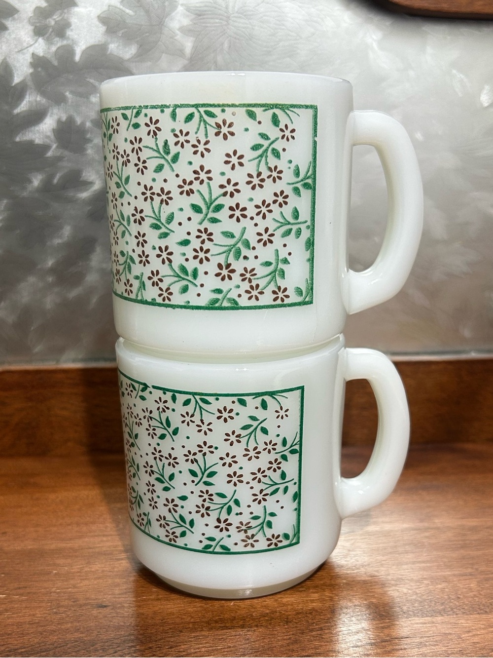 Vintage Termocrisa Floral Milk Glass - Mugs - set of 2 - Green & Brown Flowers